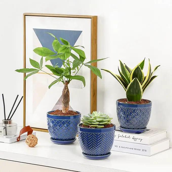 Sureasy Ceramic Indoor Plant Pots - 5.6 Inch Flower Pots for Plants with Drainage Hole and Saucer, Embossed Planter for Succulents, Orchid, Cactus, Indoor Home Decor, Set of 4, Blue by GreenHaven Gardens