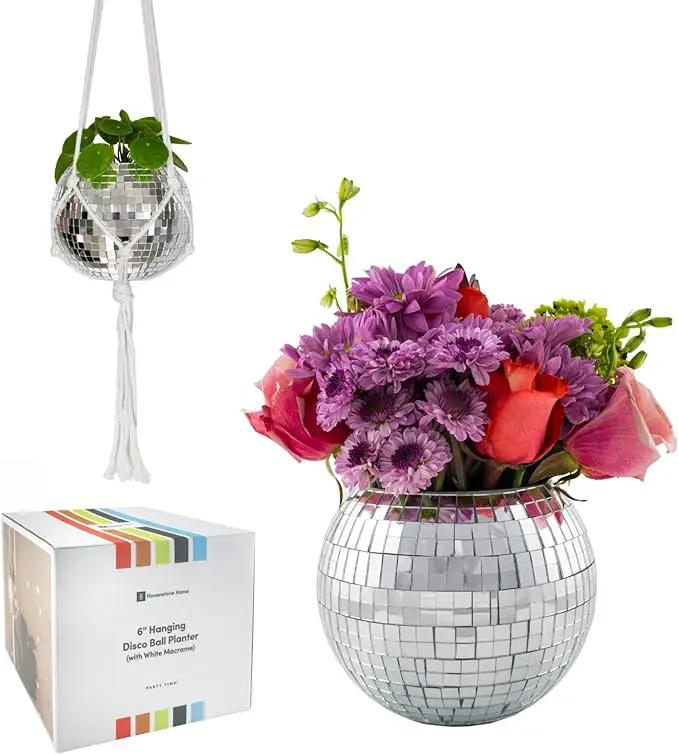 Hanging Disco Ball Planter 8" - with Acrylic Stand and Macrame Plant Hanger - Home Décor, Room Décor, Mirror Disco Planter, Disco Decor (6" with White Hanger, Flat Base) by GreenHaven Gardens