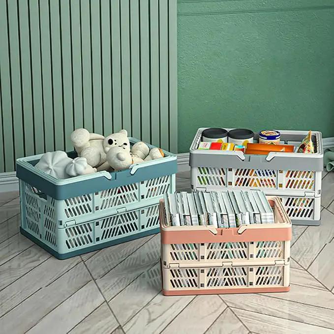 Plastic Storage Crate - 20L Collapsible Crate Stacking Folding Storage Basket - Sky Blue & Gray Blue M by GreenHaven Gardens