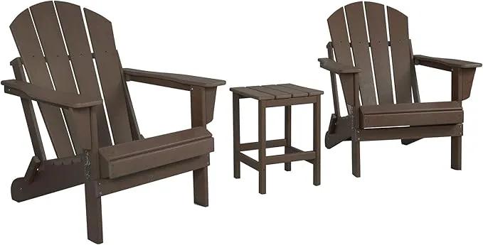 WO Home Furniture Adirondack Chairs Table Set of 3 PCS Outdoor Folding Chairs Side End Table Weather/UV Resistant for Lawn, Garden, Bon Fire, Balcony (Dark Brown) by GreenHaven Gardens