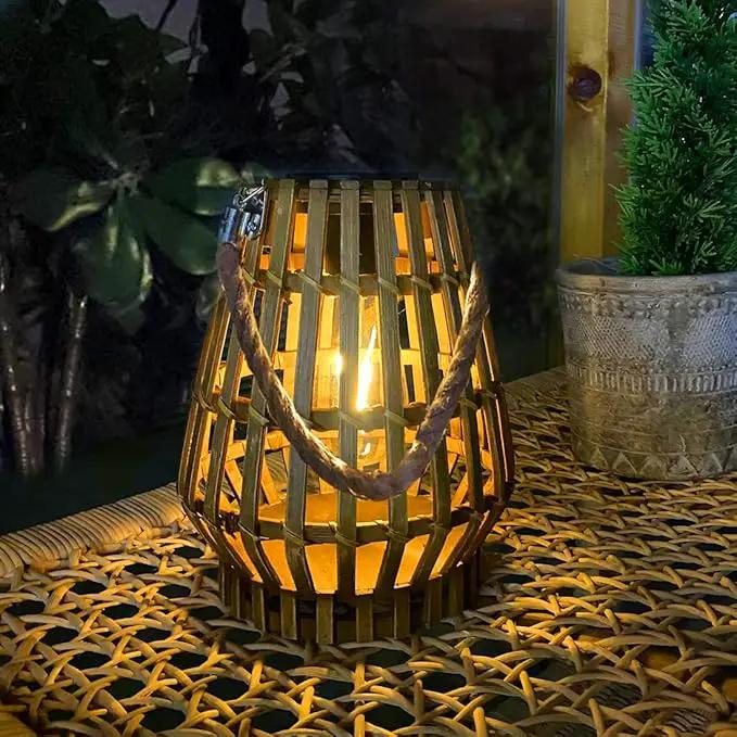 Hanging Solar Lantern Rattan Outdoor Lanterns for Patio Waterproof with Handle Large Bright Natural Bamboo Solar Table Lamp LED Lights Edison Bulb Design Decor for Wedding Yard Garden Farmhouse by GreenHaven Gardens