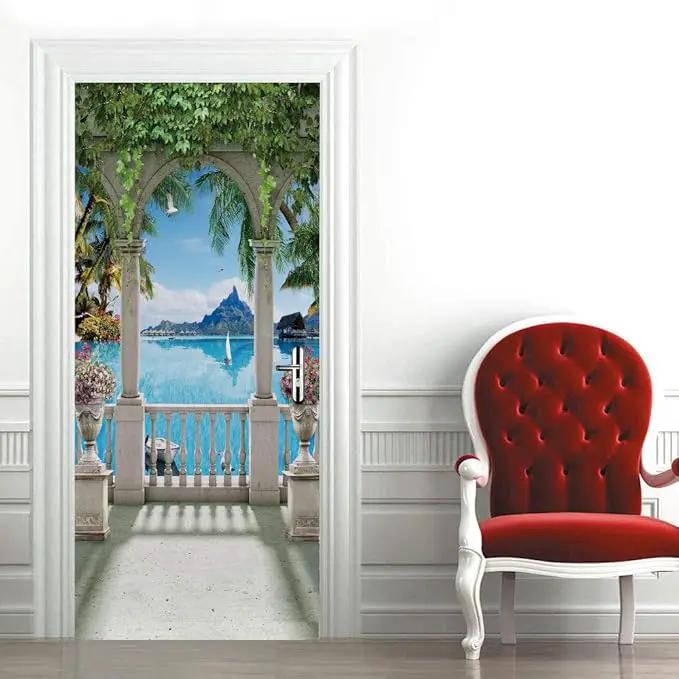 3D Door Stickers Murals - Landscape - Peel and Stick - Waterproof & Washable - Matt Finish - Modern Style - White - 33.9" x 78.7" - 2 Pieces by GreenHaven Gardens