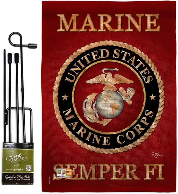 Marine Corps Burlap Garden Flag - Set with Stand Armed Forces USMC Semper Fi United State American Military Veteran Retire Official - House Banner Small Yard Gift Double-Sided Made In USA , Garden Flag 13"x 18.5" by GreenHaven Gardens