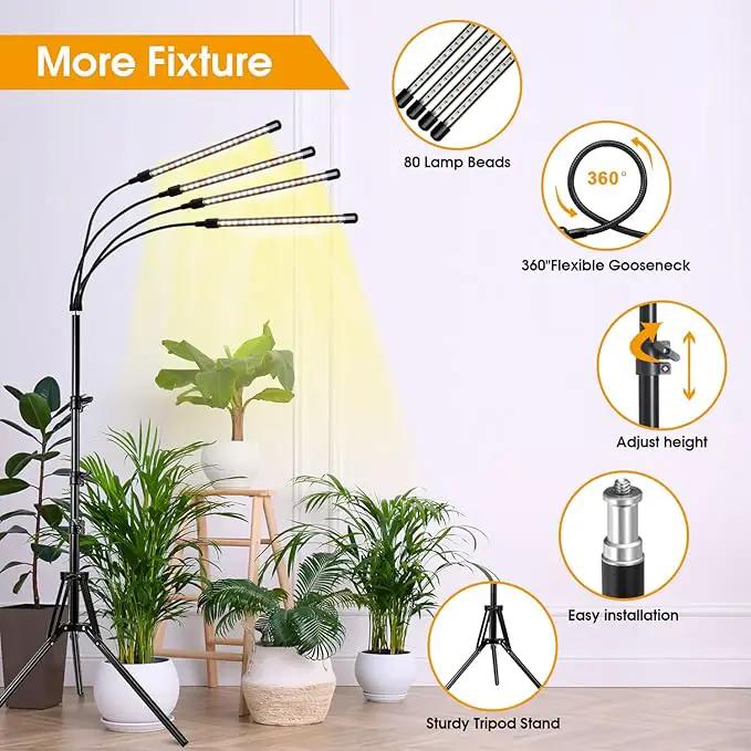 Wolezek Grow lights for Indoor Plants, 4-Head Full Spectrum LED Grow Light with Adjustable Tripod Stand 15-61 inches for Seed Starting, 3500K 6500K 660nm White Red Floor Plant Lamp with 6/12/16H Timer by GreenHaven Gardens