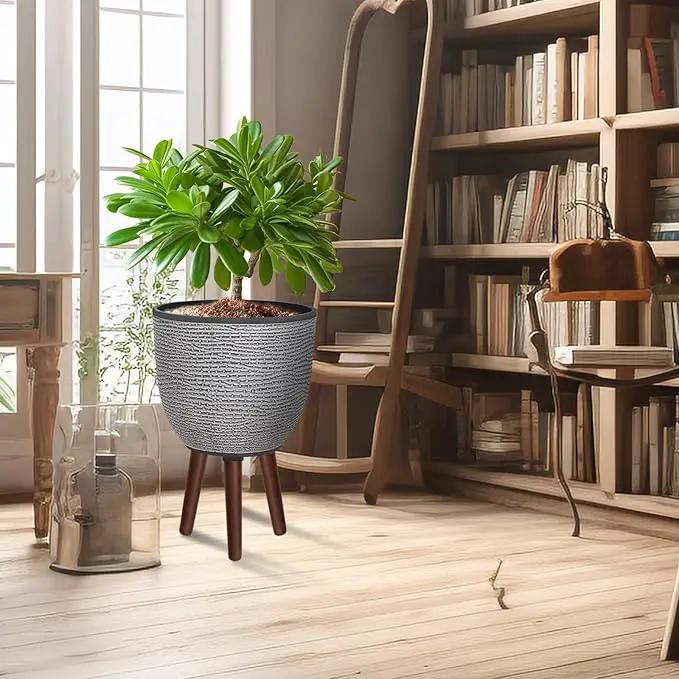 12 Inches Plant Pot with Stand, Large Decorative Standing Planters with Drainage Holes for Indoor Plants, Modern Gray Flower Pots with Legs by GreenHaven Gardens