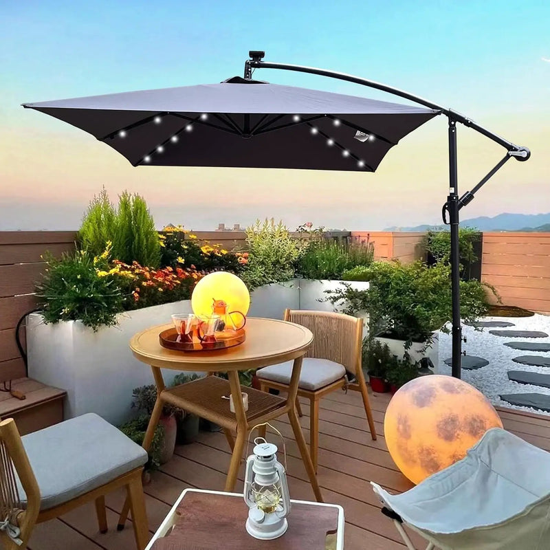 10x6.5FT Patio Umbrella, Outdoor Offset Umbrella with Cross Base and Crank, Rectangular Cantilever Umbrella with Solar Lights, Hanging Market Umbrella with 6 Rids for Pool, Deck, Backyard (Anthracite) by GreenHaven Gardens