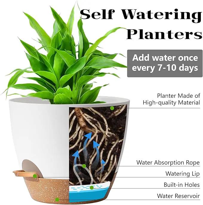 Plant Pots,12+10+9 Inch Self Watering Pots with Drainage Hole for Indoor Plants Large Flower Pot, Plants Pots Indoor Outdoor,Modern White Plastic Planters for Indoor Plants by GreenHaven Gardens