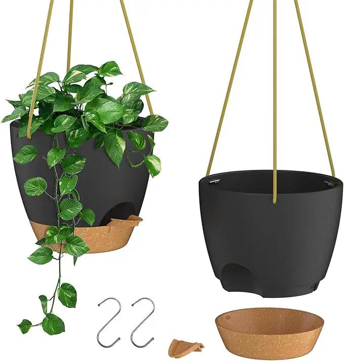 ZMTECH 10 Inch Hanging Planters for Indoor Outdoor Plants, 2 Pack Self Watering Hanging Plant Pots with Drainage Holes and Removable Saucer, Plastic Flower Hanging Pots with Watering Lip (Black) by GreenHaven Gardens