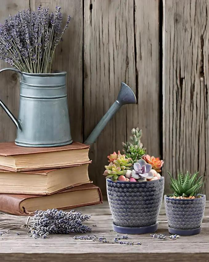Plant Pots, Flower Pots, Planters for Indoor Plants(6.5+5.5inch), Flower Pots for Indoor Plants with Drainage Hole and Saucer, Ceramic Pots for Plants with Hole Mesh Pad,Reactive Glaze Blue by GreenHaven Gardens