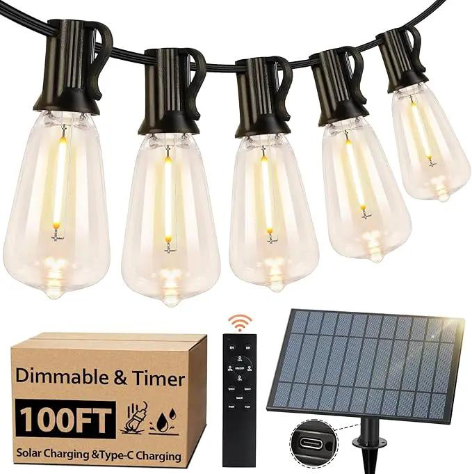 100FT Outdoor Solar String Lights with Remote, USB Rechargeable LED Patio Lights with 52 Timer Dimmable ST38 Edison Bulbs, Enhanced 5W Solar Panel Outside Hanging Lights for Porch Garden Deck Backyard by GreenHaven Gardens