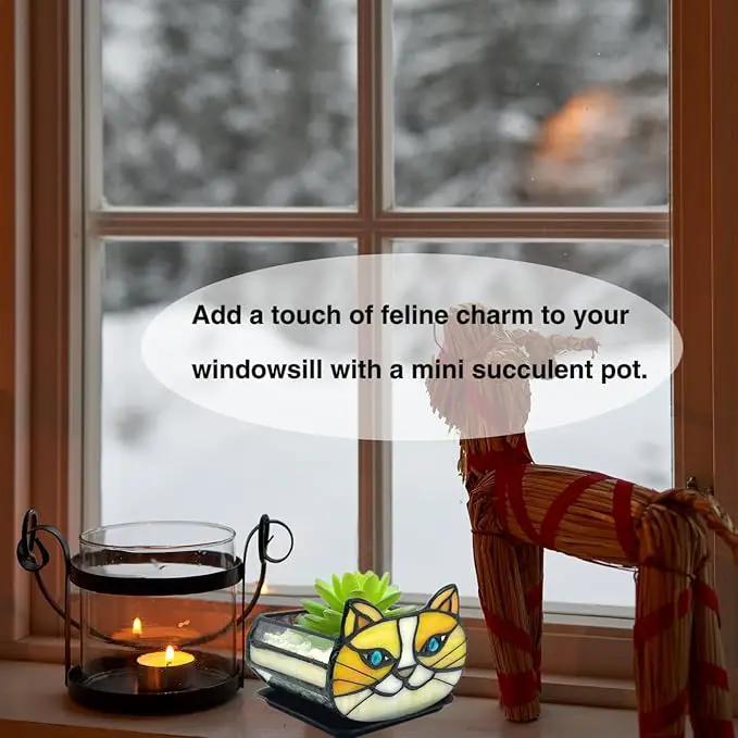 Stained Glass Yellow Cat Flower Pot,Small Succulent Planter for Indoor Plants,Cat Plant Decoration for Windowsill 4.33x3.54x2.95 in（Excluding Plants） by GreenHaven Gardens