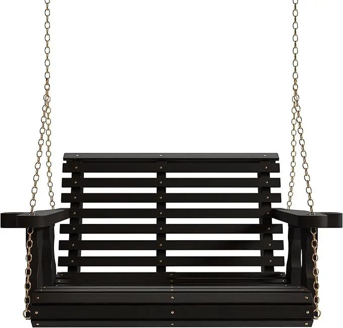 Amish Casual Roll Back Swing, 3-Foot, Semi-Solid Black Stain, Chains, with cupholders by GreenHaven Gardens