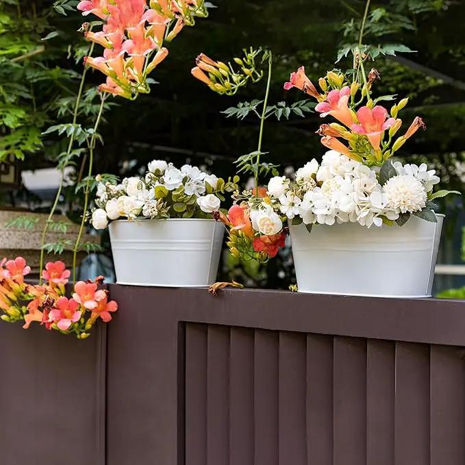 3 Pack Metal Hanging Flower Pots for Railing Fence，Outdoor Balcony Rail Planter with Detachable Hooks Drainage Holes for Deck Garden Home Decor White by GreenHaven Gardens