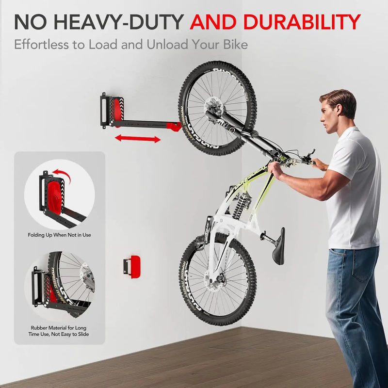 Swivel Bike Rack Wall Mount, Bike Hangers for Garage, Space-Saving Vertical Bike Holder, Holds up to 77 lbs, Bicycle Wall Hanger Storage, No Heavy Lifting Required Indoor Hanging Bike Rack-Red by GreenHaven Gardens