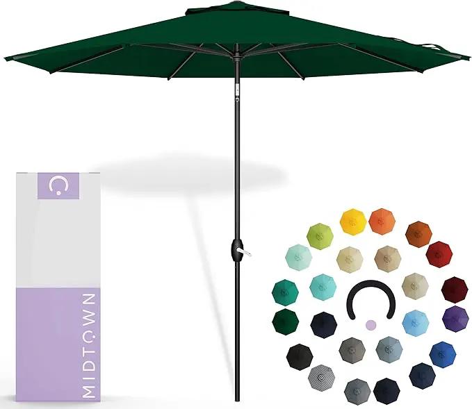 Midtown Umbrellas Sunbrella Umbrella 9 Feet Outdoor Umbrella With Forest Green Acrylic Fabric - Auto-Tilt Aluminum Frame Patio Umbrella For Backyard, Deck, Garden, Pool - Black Pole by GreenHaven Gardens