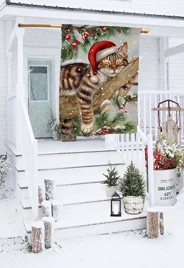 BLKWHT Winter Cat House Flag 28 x 40 Vertical Double Sided Christmas Holiday Outside Decorations Burlap Yard Flag BW738-40 by GreenHaven Gardens
