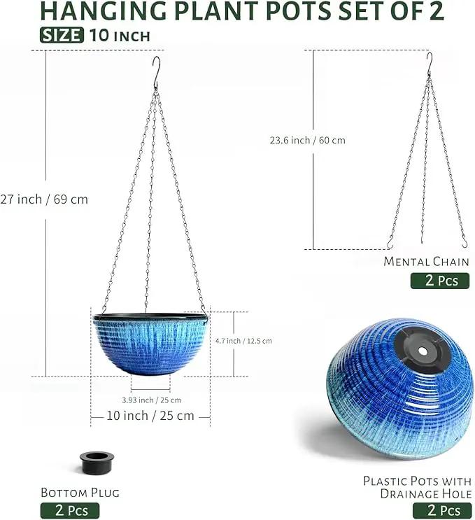 10in Hanging Planters for Indoor and Outdoor Plants, 2 Pack Hanging Planter with Drainage Hole, Round Hanging Flower Pots for Garden Home Decor (Blue Glaze) by GreenHaven Gardens