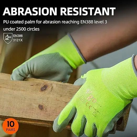 Vgo... 10-Pairs Safety Work Gloves, Gardening Gloves, Polyurethane Coated, Dipping Gloves, Latex Free (Size L, Yellow, PU2103) by GreenHaven Gardens
