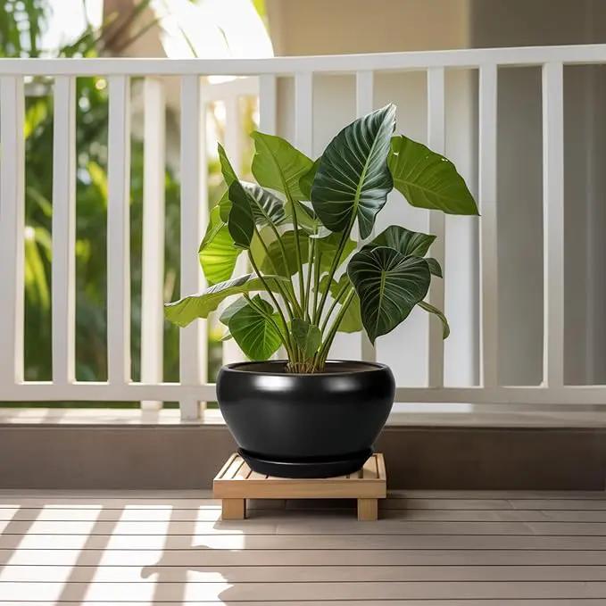 Ceramic Pot for Plants - 11 Inch Plant Pot Indoor with Drainage Hole and Saucer Large Planter Decorative Planter Modern Outdoor Flower Pot for House Balcony Black by GreenHaven Gardens