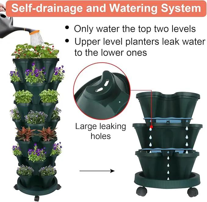 Vertical Planter 7 Tier Stackable Planters Garden Planters Strawberry Herb Flower and Vegetable Planter Indoor Outdoor Gardening Pots with Removable Wheels and Tools 2-Pack by GreenHaven Gardens