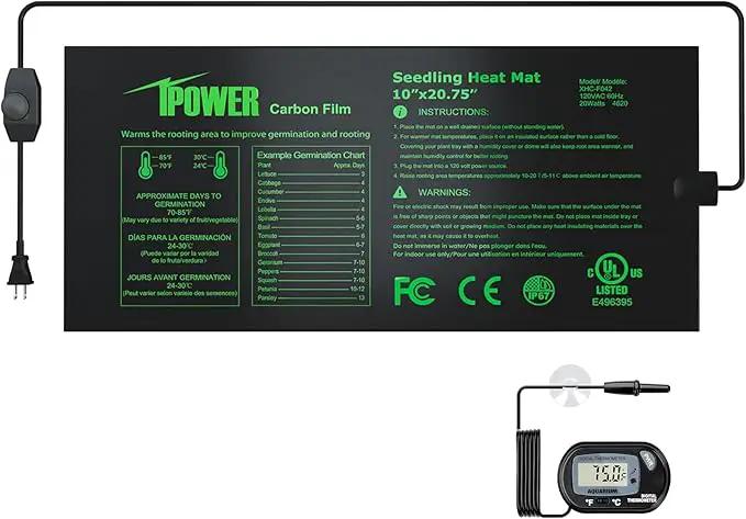 iPower 10" x 20.75" Seeding Heat Mat with Temperature Adjustable Knob and Digital Thermometer, Durable Warm Hydroponic Plant Germination Starting Pad by GreenHaven Gardens