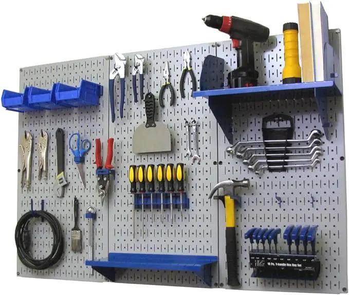 Wall Control Pegboard Organizer 4 ft. Metal Pegboard Standard Tool Storage Kit with Gray Toolboard and Blue Accessories by GreenHaven Gardens