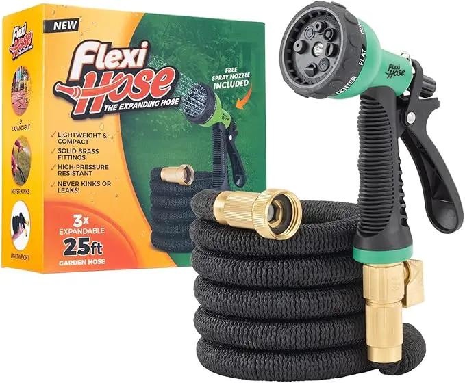 Flexi Hose with 8 Function Nozzle, 25FT - Lightweight Expandable Garden Hose, No-Kink Flexibility, 3/4 Inch Solid Brass Fittings and Double Latex Core by GreenHaven Gardens