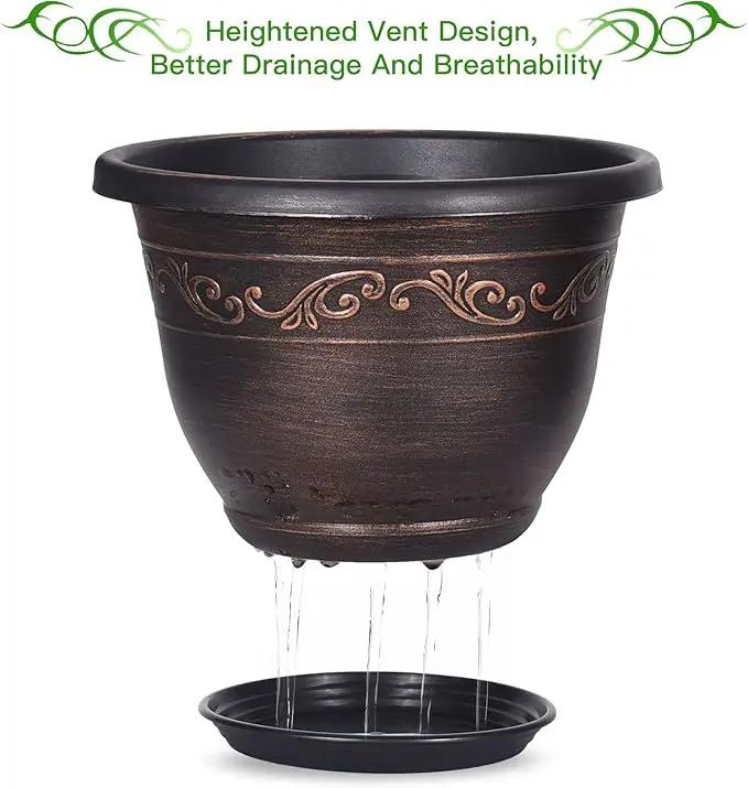 Plastic-Plant-Flower-Planters-16 Inch with Drainage Hole & Saucer, 3 Packs Lightweight Small Resin Flower Pot Indoor Outdoor, Retro Antique Imitation Decorative Garden Containers Sets for Houseplants by GreenHaven Gardens
