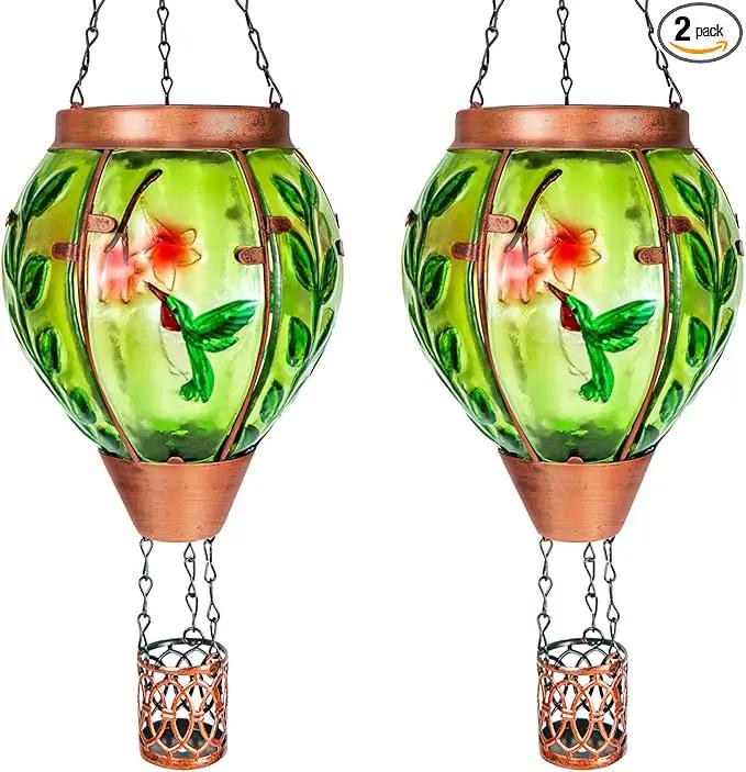 2 Pack Solar Hot Air Balloon Lantern with Flame，Hummingbird Outdoor Solar Lanterns for Outside Garden Yard Farmhouse Patio Pathway Decoration, Hummingbird Gifts for Women Grandma Mom - Hummingbird by GreenHaven Gardens