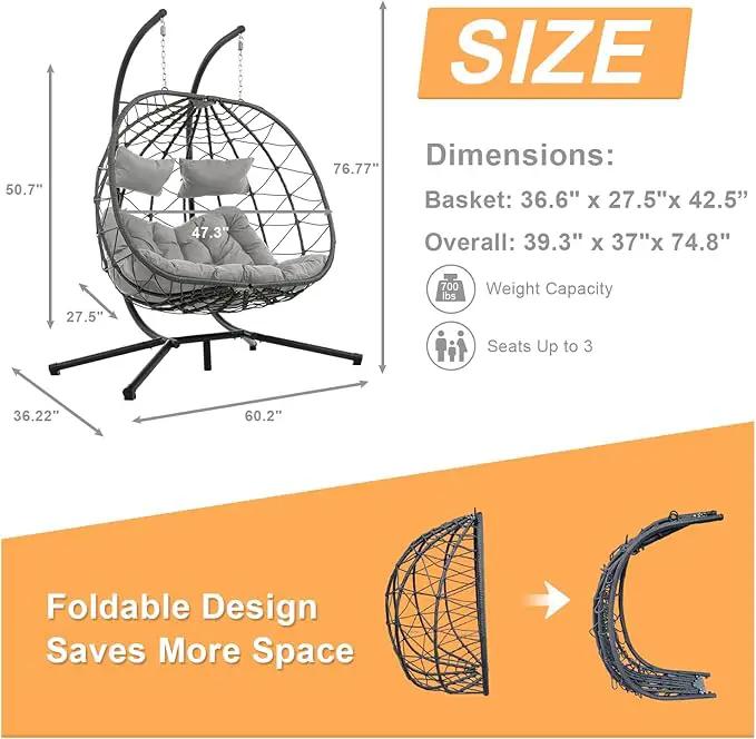2 Person Double Egg Swing Chair with Stand Indoor Outdoor, Hammock Egg Chair Outdoor, Patio Wicker Hanging Egg Chair w/Cushion 700LBS Capacity for Bedroom, Balcony, Garden, Grey by GreenHaven Gardens