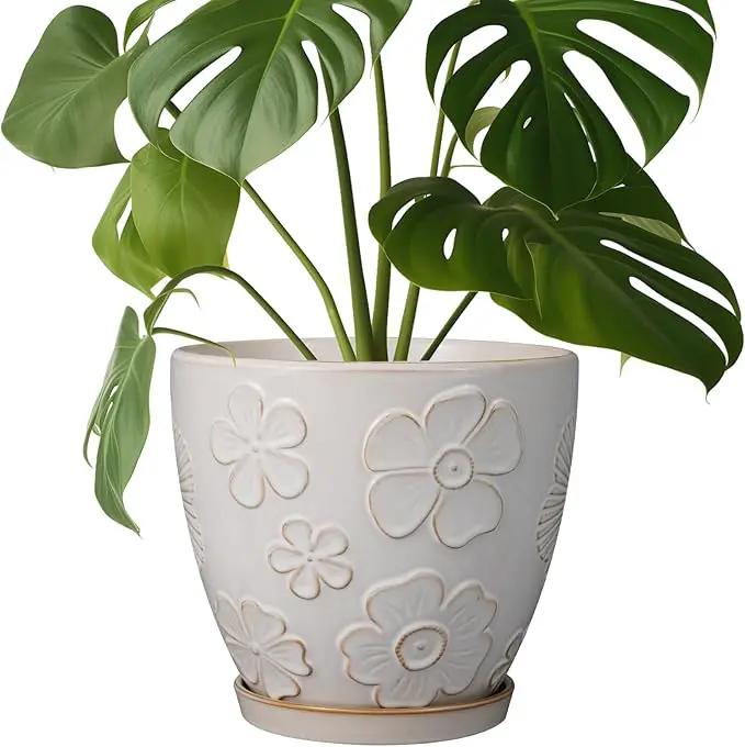 Ceramic Planter 8 Inch Plant Pot with Drainage Hole and Saucer Ceramic Pots for Indoor Plants Outdoor Large Flower Pot for Home Decor White by GreenHaven Gardens