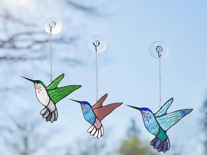 Lolitarcrafts Stained Glass Hummingbird Window Hangings with Flowers, Bird Stained Glass Suncatcher for Window Decor Hummingbird Gifts for Mom,Bird Lovers (Blue B) by GreenHaven Gardens