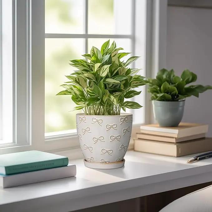 Ceramic Plant Pot 6.9 Inch - Ceramic Planter with Drainage Hole and Saucer Round Planter Flower Pot for Indoor Plants Outdoor Home Garden Office Decor White by GreenHaven Gardens