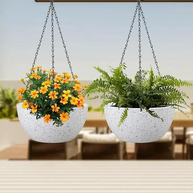 8 inch Hanging Planters for Small Indoor Outdoor Plants, 2 Pack Hanging Flower Pots with Drainage Holes and Chain for Garden Porch, Plastic Hanging Baskets for House Plants, Speckled White by GreenHaven Gardens