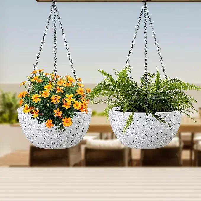 10 inch Hanging Planters for Indoor Outdoor Plants, 2 Pack Hanging Flower Pots with Drainage Holes and Chain for Garden Porch, Plastic Hanging Baskets for House Plants, Speckled White by GreenHaven Gardens