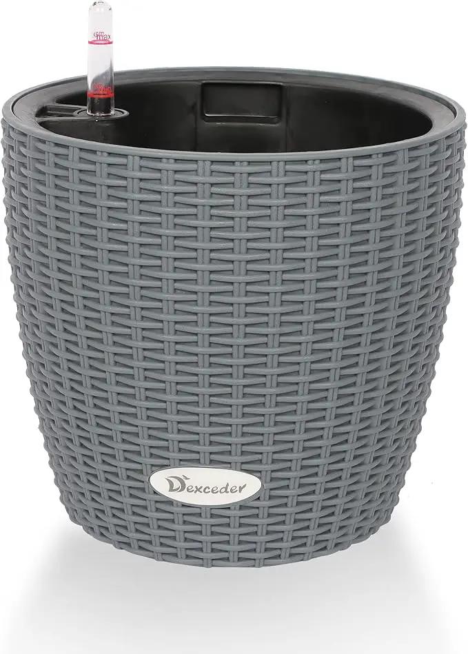 Dexceder 9x8 Inches Rattan Self Watering Planter Indoor Outdoor, Inner Pot Design, Thickened Table Flower Plant Pot with Water Level Indicator (Deep Gray) by GreenHaven Gardens