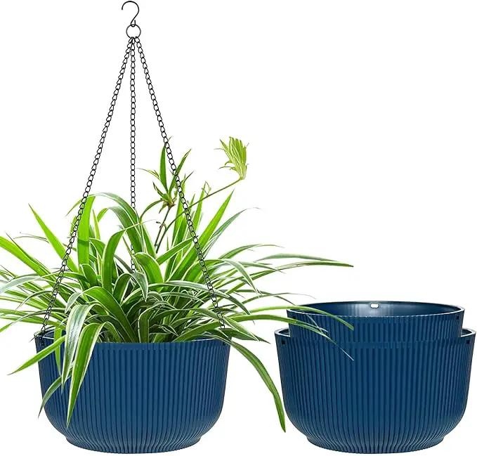 Hanging Planters for Indoor Plants 9/10/11 Inch, 3 Pack Plant Hanger Outdoor with Drainage Holes, Self Watering Hanging Basket Flower Pot for Garden Home Decor, Dark Blue by GreenHaven Gardens