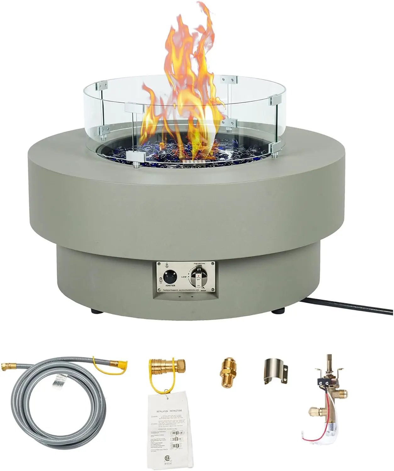 32.5-inch Outdoor Gas Fire Pit Table with Natural Gas Conversion Kit & Wind Glass Shield, 50,000BTU Propane Gas Fire Pits for Outside Patio w/Round Burner Lid, Glass Rocks, Cover by GreenHaven Gardens