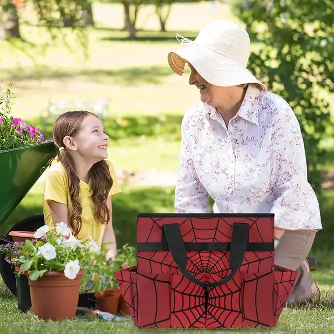 Spiders Web Red Gardening Tool Bag,Heavy Duty Garden Tote Bag,Portable Oxford Gardening Storage Basket Organizer Handbag with Pockets Handle,Hand Tools Gifts for Outdoor Garden Lawn by GreenHaven Gardens