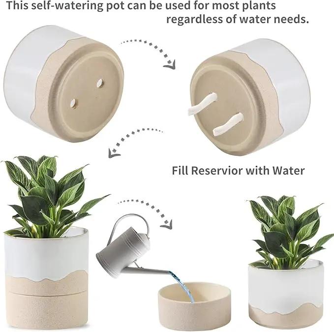 Nihow Self Watering Plant Pot for Indoor Plants: 4.5+6 Inch Ceramic Planter with Drainage Hole & Water Storage Plus - Cylinder Flower Pot with Wick for Herbs -White & Nature by GreenHaven Gardens