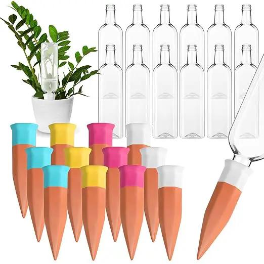 12 Pack Plant Watering Devices, Terracotta Self Watering Spikes with 25 oz Plastic Wine Bottles, Slow Release Plant Waterer Self Watering Planter for Vacation Indoor Outdoor Plant by GreenHaven Gardens