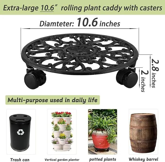 11 Inch Rolling Plant Stand with Wheels Wrought Iron Rolling Plant Stand with Casters Heavy Duty for Indoor Plants Rollers with Plant Saucers, Metal Round Plant Dolly 1 Pack by GreenHaven Gardens