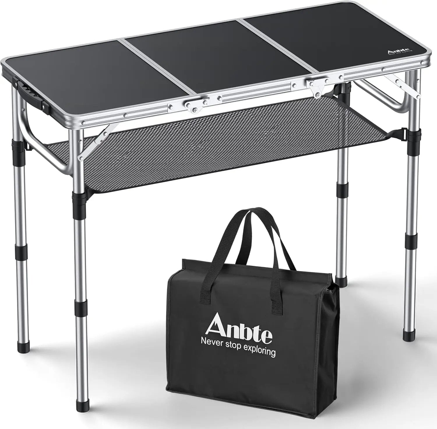 Folding Camping Table with Storage Net, 3ft Camping Table Aluminum Folding Table with 3 Adjustable Height Max 27.1 Inch Picnic Table Portable Table for Outdoor Backyard BBQ, Black by GreenHaven Gardens