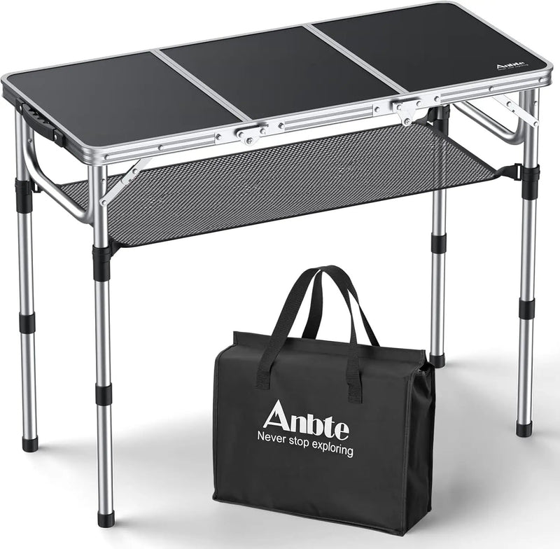 Folding Camping Table with Storage Net, 3ft Camping Table Aluminum Folding Table with 3 Adjustable Height Max 27.1 Inch Picnic Table Portable Table for Outdoor Backyard BBQ, Black by GreenHaven Gardens
