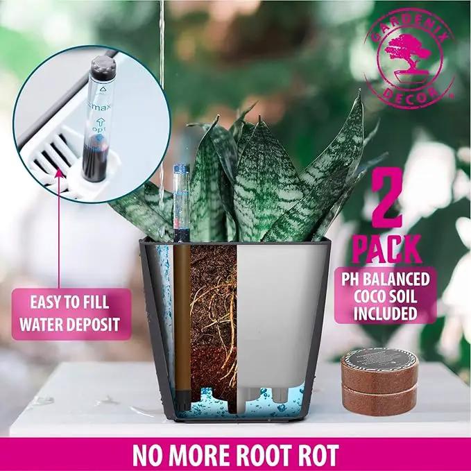 GARDENIX DECOR 5" Self Watering pots for Indoor Plants - Flower Pot with Water Level Indicator for Plants, Grow Tracking Tool - Self Watering Planter Plant Pot – 2 Pack Gray by GreenHaven Gardens