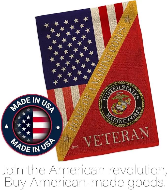 Home of Marine Corps Burlap Garden Flag - Set with Stand Armed Forces USMC Semper Fi United State American Military Veteran Retire Official House Banner Cemetery Yard Rememberance Veterans Day Gifts by GreenHaven Gardens