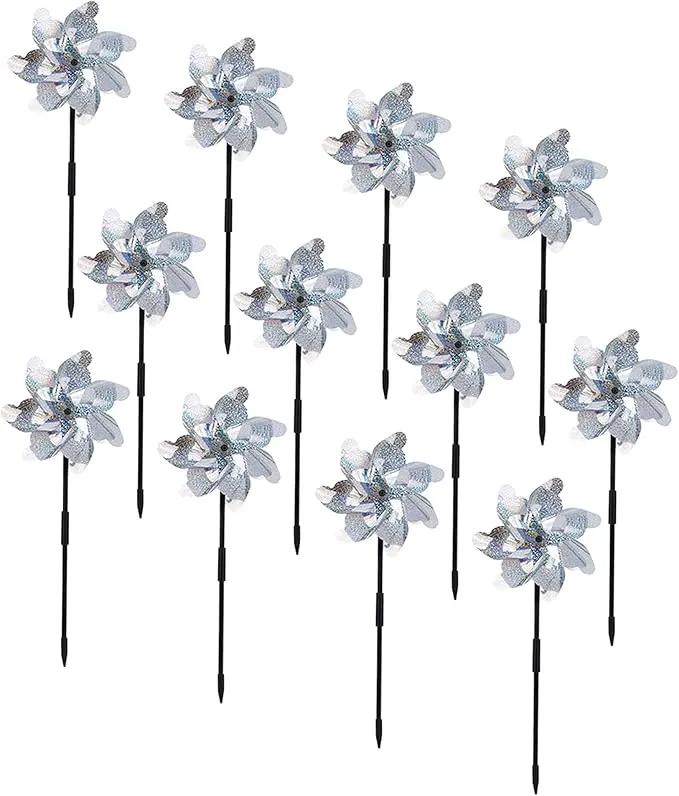 BATTIFE 12 Pack Pre-Assemble Sparkly Reflective Pinwheels | Silver Bird Blindness Pin Wheel | Scare Birds & Animals Away | Wind Spinner for Yard and Garden by GreenHaven Gardens