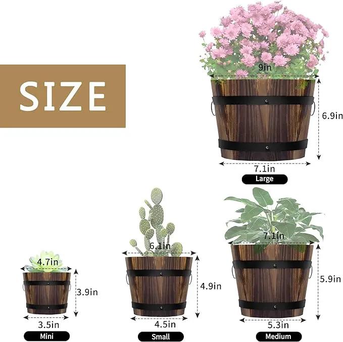 Adnee 4 Pack Wooden Whiskey Barrel Planters - 4 Sizes Wooden Bucket Barrel Garden Planters Set - Rustic Flower Planters Pots Container for Indoor Outdoor Garden Home Plants(4.7",6.1",7.1",9") by GreenHaven Gardens