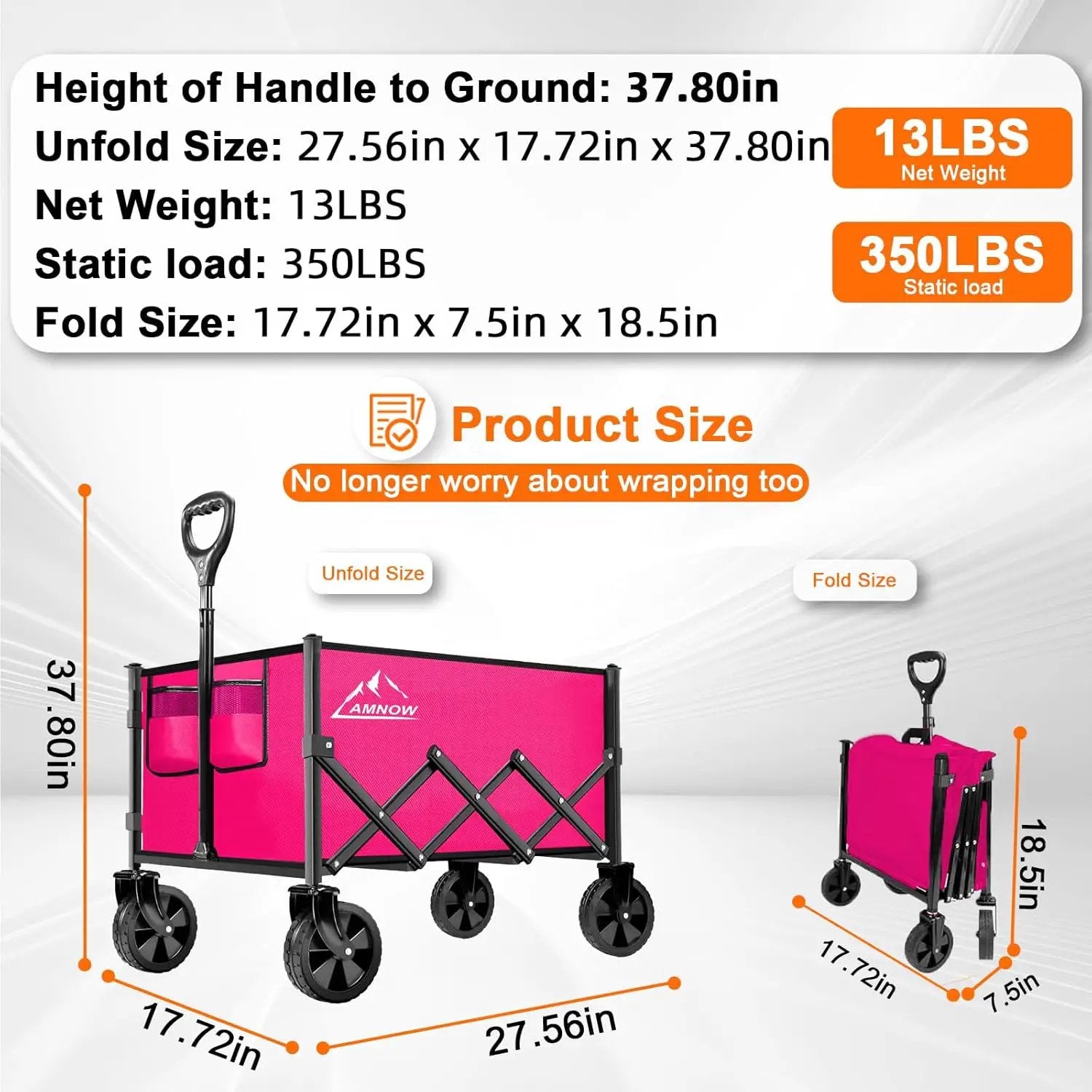 Collapsible Folding Wagon Cart, 350LBS Utility Large Capacity Cart Foldable Wagon with All Terrain Wheels, Grocery Wagons Carts for Garden Shopping Sports Camping, Rose by GreenHaven Gardens