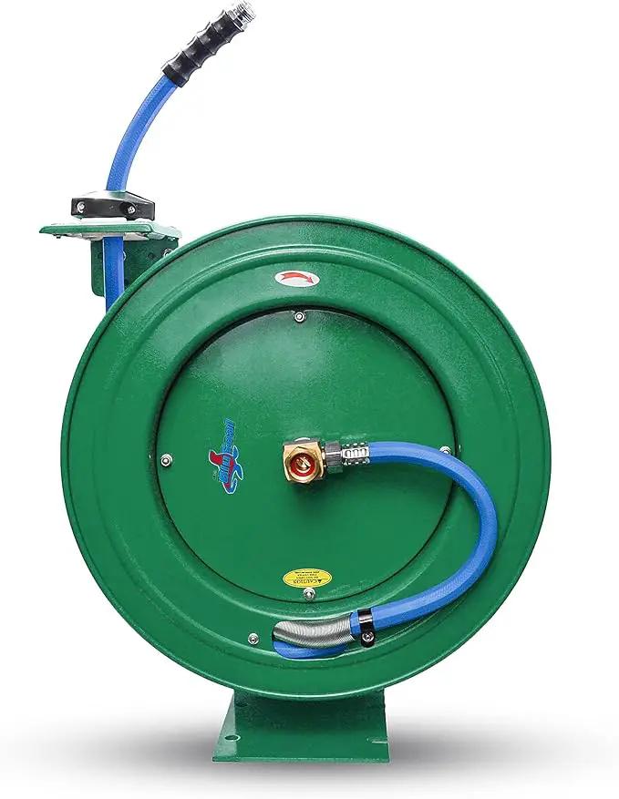 Auto Retractable Water Hose Reel with Hot & Cold Water Rubber Garden Hose, Spray Nozzle - Ultra Light, Super Strong with 6' Lead-in Hose (5/8” x 50’ Green) by GreenHaven Gardens